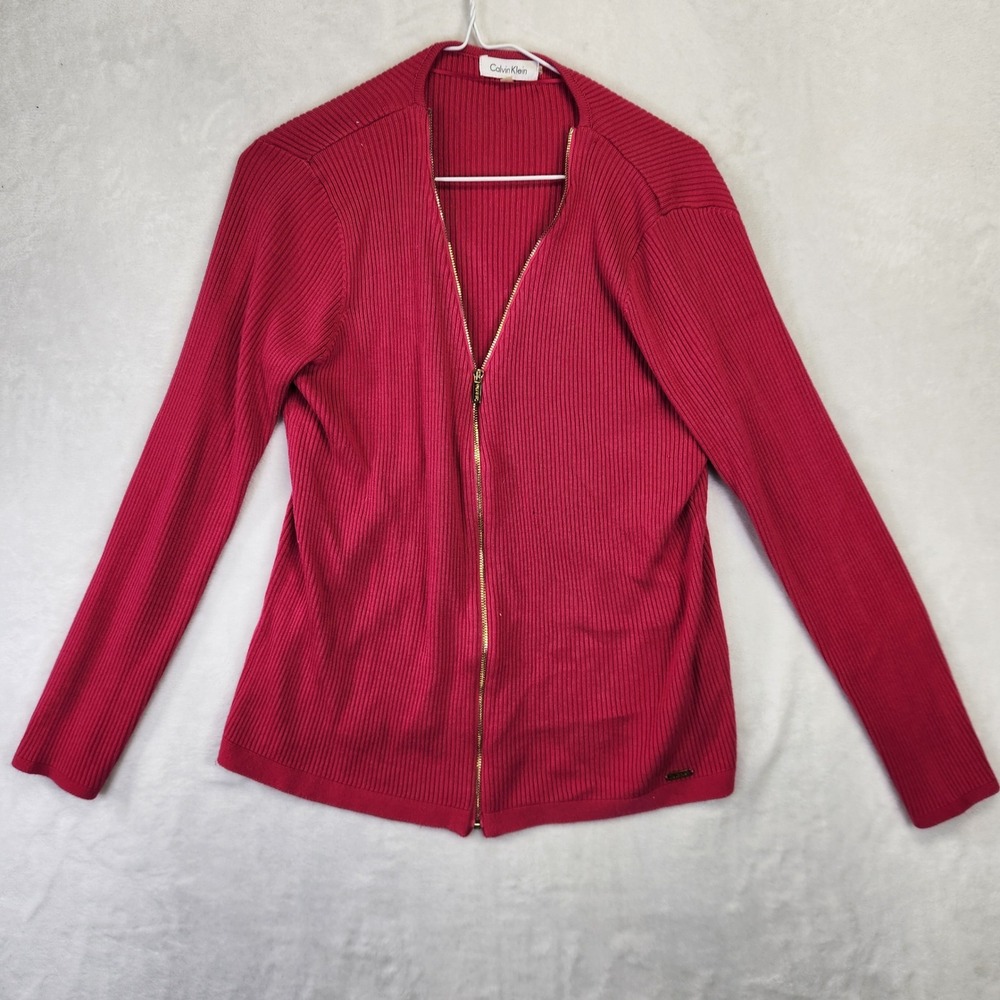 Calvin Klein Women's Ribbed Zip Front Cardigan Sweater Magenta M